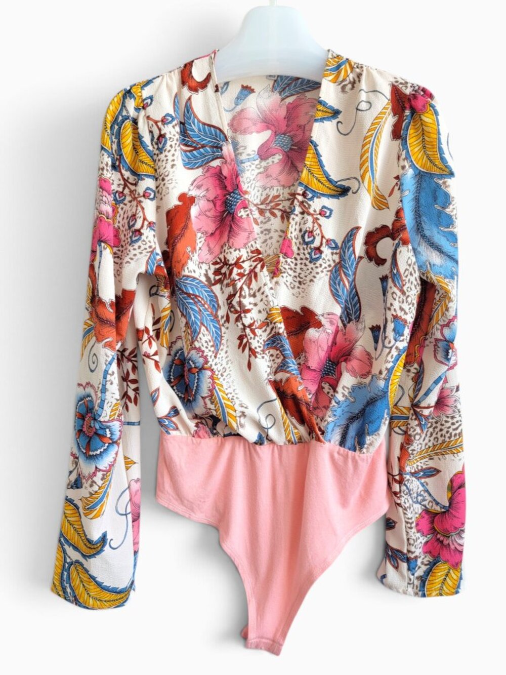Fashion Nova Floral Surplice Bodysuit L Boho Long Sleeve Wrap V Neck Multicolor